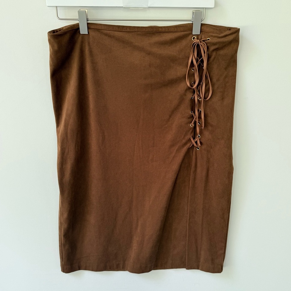New York & Company Brown Lace Up Suede Stretchy Pencil Skirt
